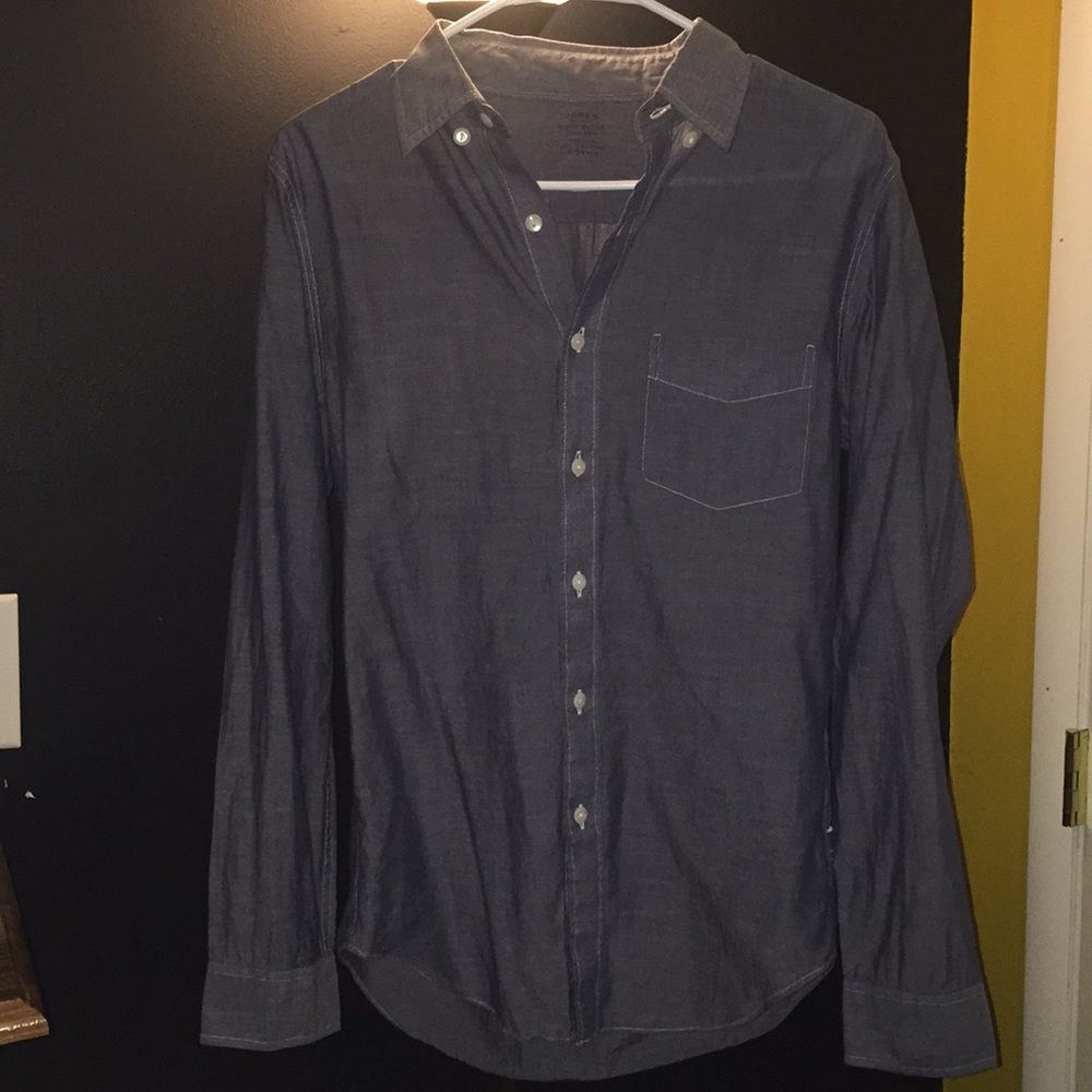 Long-sleeved button down J crew shirt.